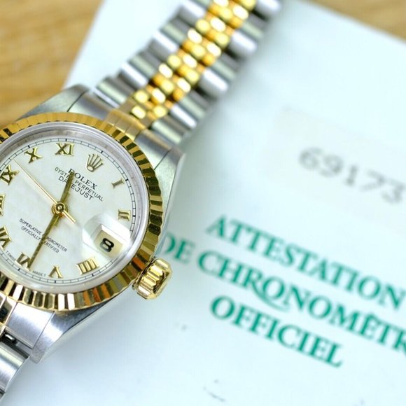 ROLEX DATEJUST CREAM PYRAMID ROMAN DIAL 18KY FLUTED JUBILEE TWO-TONE WATCH 69173 - Picture 8 of 9